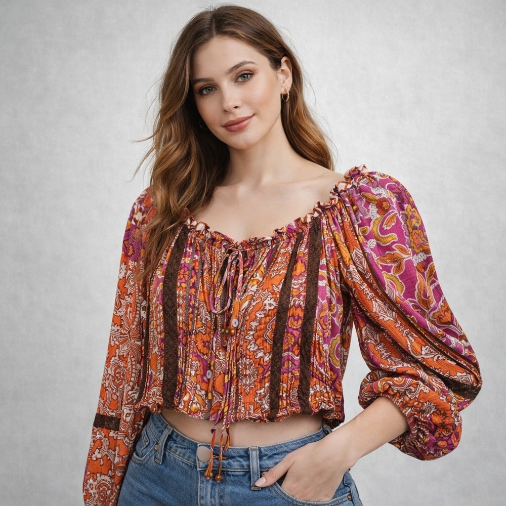 Olivaceous Boho Paisley Crop Top Tasseled Neck Waist Peasant Blouse Pink L